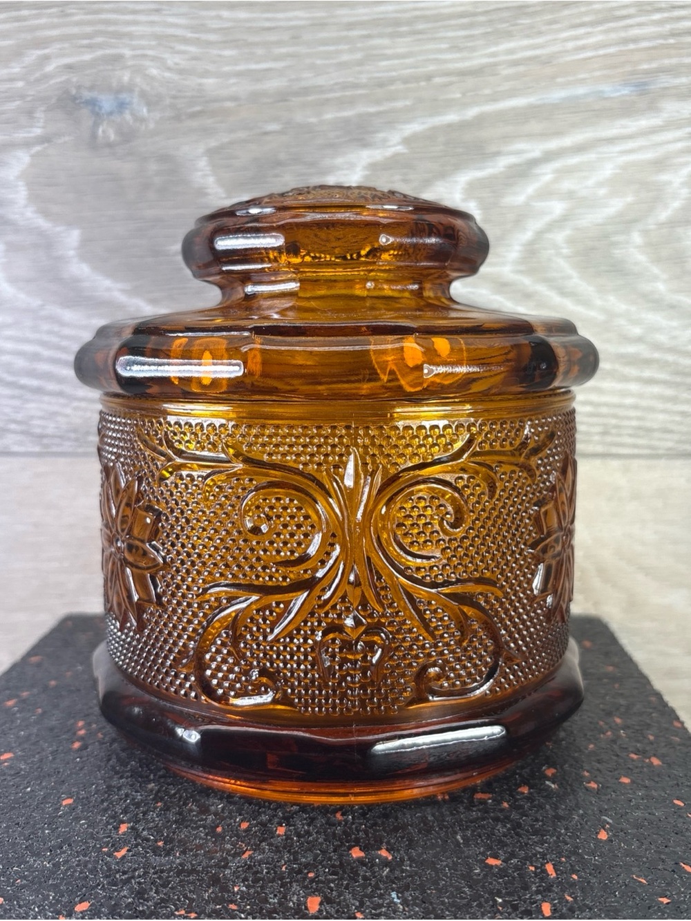 Vintage Tiara Indiana Glass Co. Amber Candy Jar Canister  5.5” Tall With Lid MCM